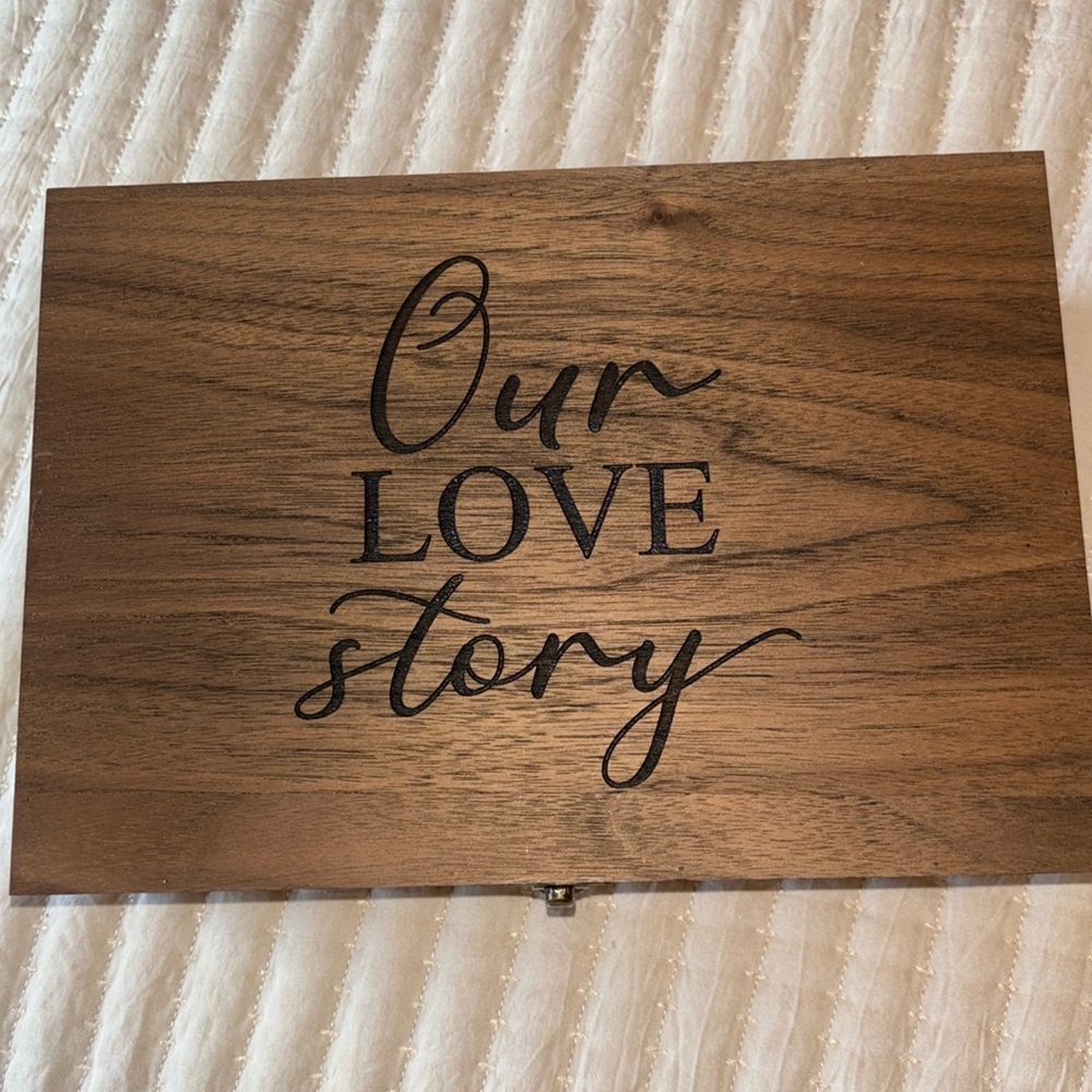 Brand new never used engraved “Our love story” memory box in walnut wood